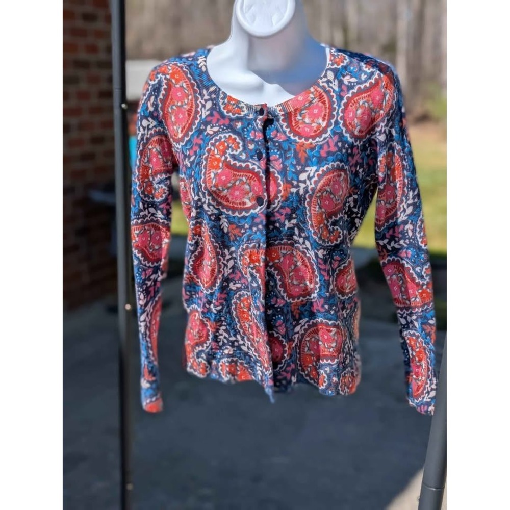 Talbots Petite Merino Wool Cardigan Paisley Print Button Front Sweater SP